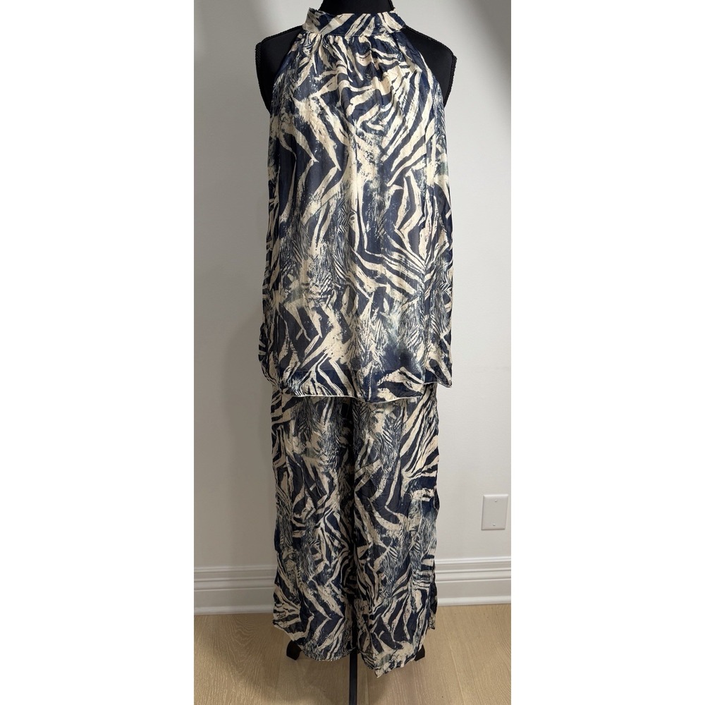 Bellambra  Set Blouse /pants Women Blue White Tie Dye Silk Sleeveless Size Large